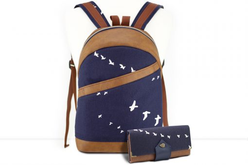 Rucksack ROANA und Geldbörse Ruby von Hansedelli Birch Bio-Canvas Vögel blau maritim