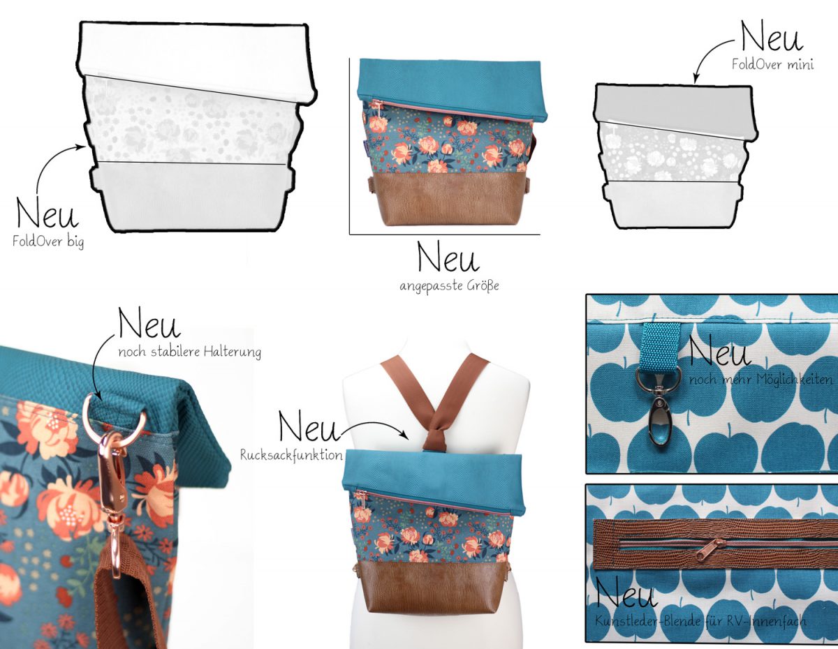 FoldOver 2.0 neue Extras Hansedelli Canvas Peonies türkis Rucksacktasche nähen Fold Over Tasche Schnittmuster Neu