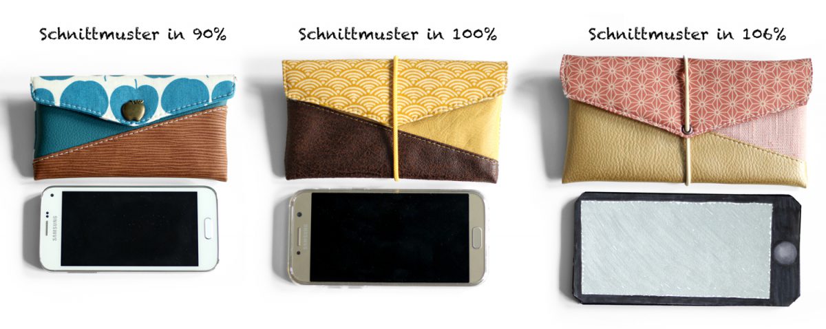 Freebook Smartphonetasche KUORI Hansedelli Größenvergleich Handytasche kostenloses Schnittmuster Täschchen nähen
