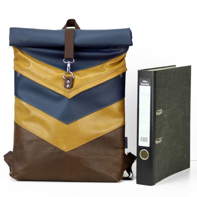 Rolltop Rucksack Groessenvergleich gelb blau braun