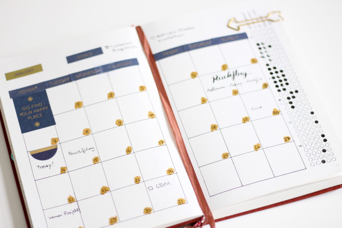 Bullet Journal Monatsübersicht Monthly Log Januar 2019 gold blau