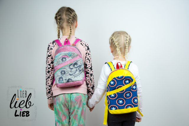 ROANI Hansedelli Kinderrucksack nähen für Kinder Schnittmuster Rucksack Superheld gelb blau Stern Pink Glitzer