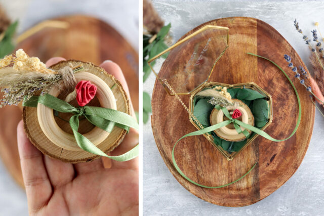 Moderne boho Ringbox selbermachen für die DIY Hochzeit Eukalyptus